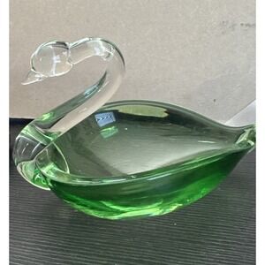 Vintage Handblown Green Glass Swan Candy Dish, Jewelry, Etc  7"x5"
